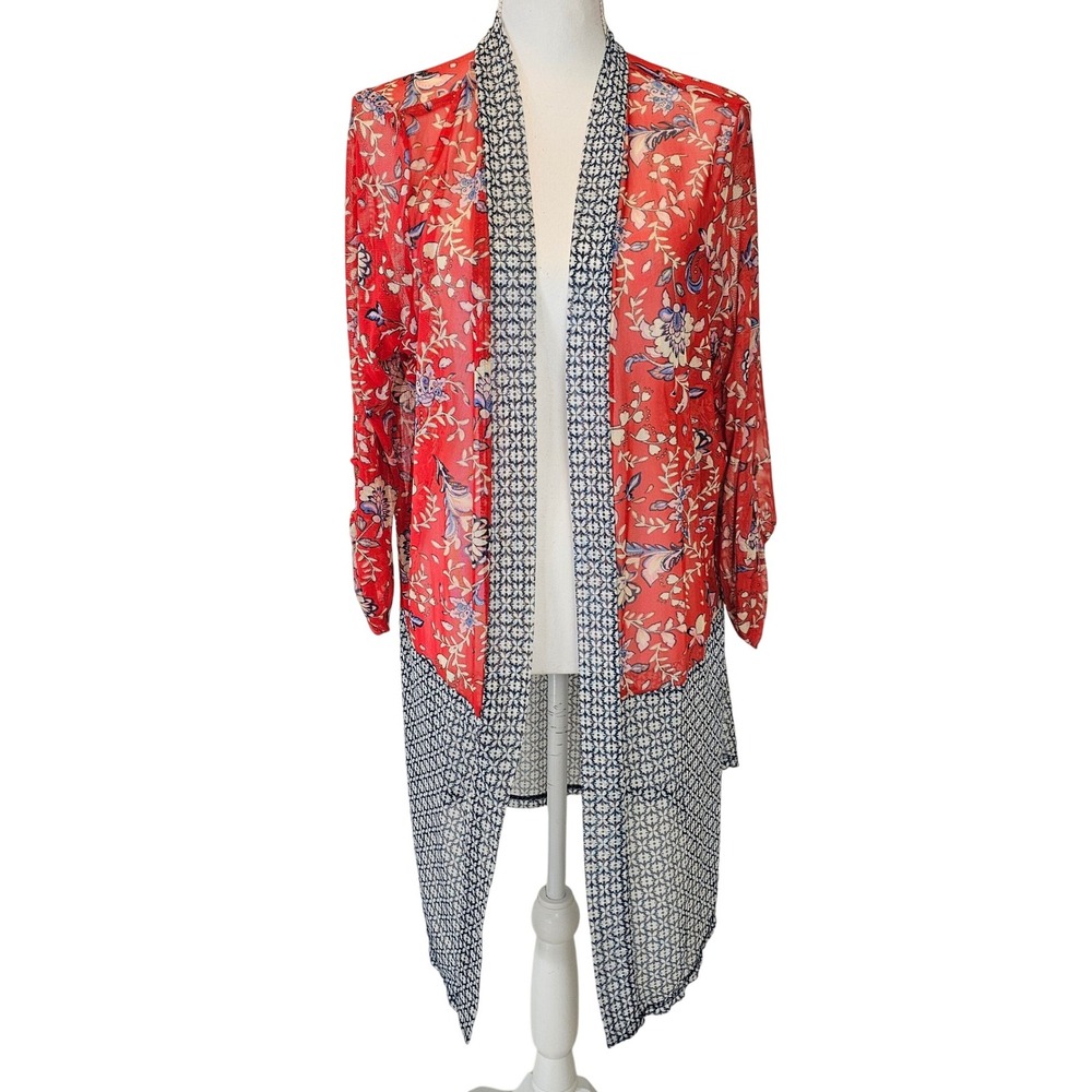 Avenue Red Blue Floral Kimono Duster Size‎ 18/20 Boho Chic Coverup Open Front